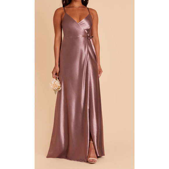 Birdy Grey Women's Dark Mauve Shiny Satin Wrap Formal Bridesmaid Dress Size M - Picture 2 of 14